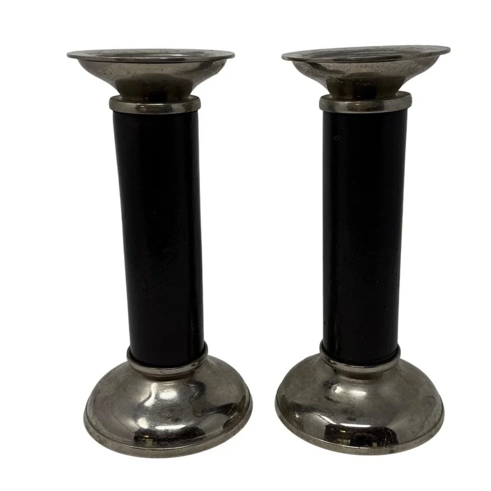 Vtg Pair Silverplate & Leather Metal Pillar / Taper Candle Holders Candlesticks‎